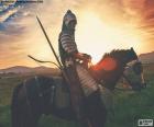 Um guerreiro samurai completamente armados a cavalo