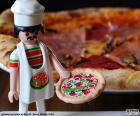 Um chef italiano cozinhar uma deliciosa pizza de Playmobil