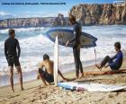 Quatro jovens surfistas observando o mar da praia