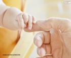 Bebê pegando o dedo do pai