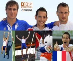 Puzle Renaud Lavillenie campeão do salto com vara, e Przemys&#322;aw Masuryk Maxym Czerwi&#324;ski (2 e 3) do Campeonato Europeu de Atletismo de Barcelona 2010