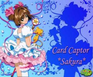 Puzle Sakura, a captora das cartas com um de seus vestidos ao lado de Kero