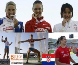 Puzle Sandra Perkovic campeão no Arremesso de disco masculino, e Joana Wi&#347;niewska Nicoleta Grasu (2 e 3) do Campeonato Europeu de Atletismo de Barcelona 2010