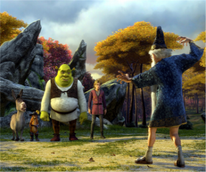 Puzle Shrek, o ogro com seus amigos Burro, Gato de Botas e Arthur, Merlin assistindo