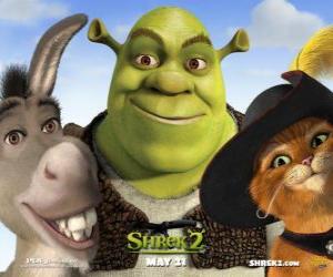 Puzle Shrek, o ogro com seus amigos Burro e Gato de Botas