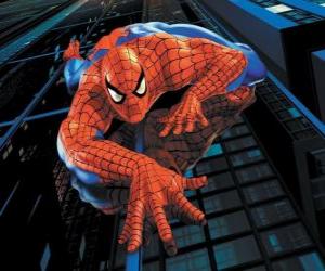Puzle Spiderman escalando um edifício, com a sua superpotência para aderirse a quase todas as superfícies