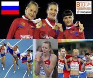 Puzle Tatiana Firova campeão nos 400 m, Xenia Krivoshapka Ustalova e Antonina (2 e 3) do Campeonato Europeu de Atletismo de Barcelona 2010