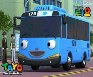 Puzle TAYO um ônibus azul alegre e otimista