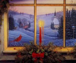 Puzle Vela acesa de Natal na frente de uma janela