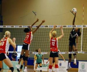 Puzle Voleibol ou Vôlei - Jogadora atacando a bola, a equipa adversária tentando bloquear 