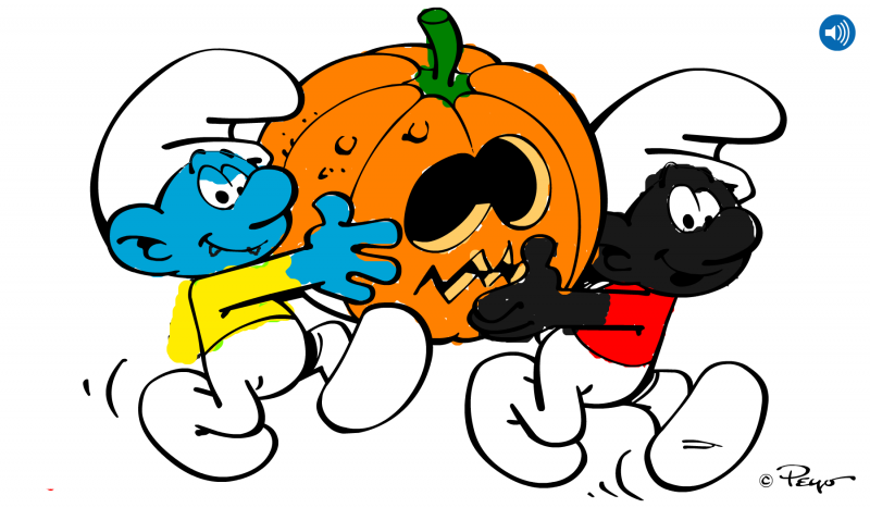 Puzzle de Smurfs levando abobora,um com fantasia de Vampiro e outro com de Smurf Do mal puzzle