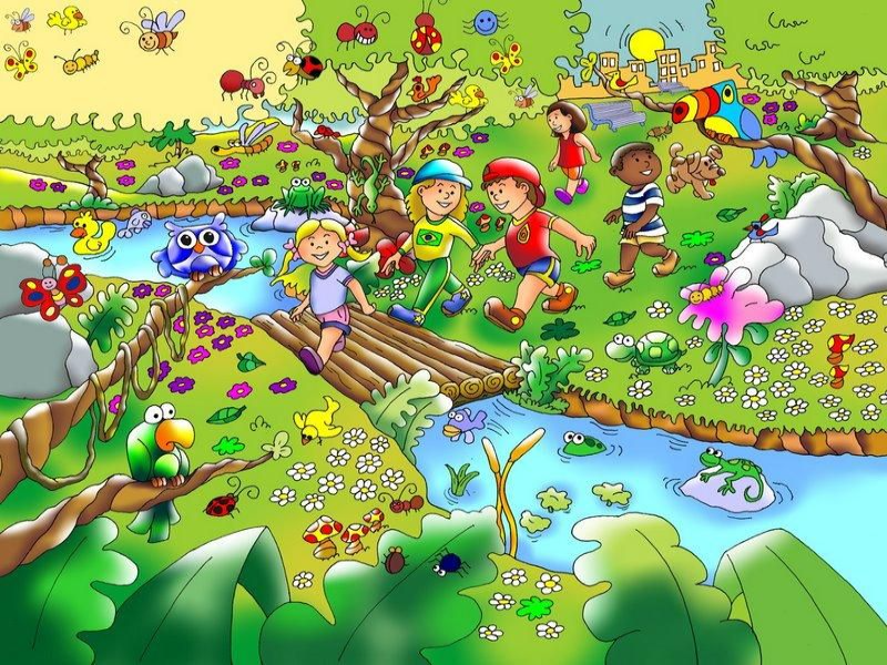Crianças a brincar num jardim puzzle